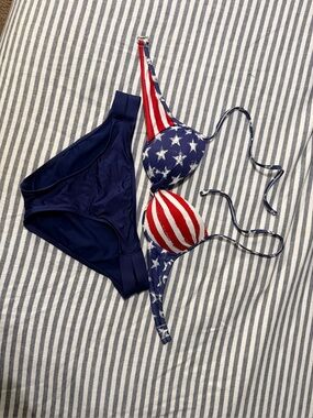American Flag Print Push-Up Bikini Top with Navy Bikini Bottoms